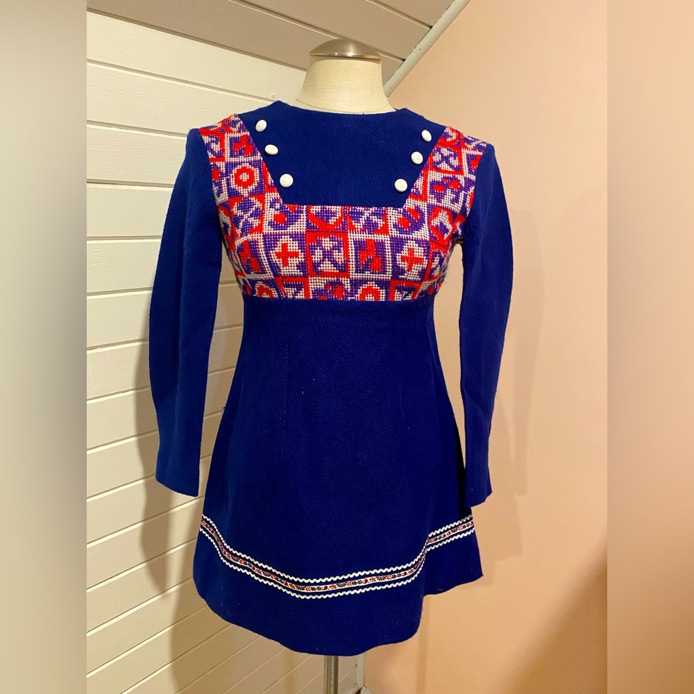 Vintage 1960s Mod Mini Dress, Children’s Size 16, Navy Blue Wool Blend